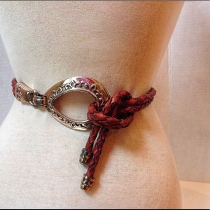 1990's Brown Woven Leather Belt Silver Buckle